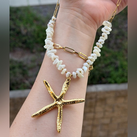 Gold Starfish Shell Necklace – Natural Seashell Beads - Picture 4 of 5